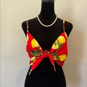 Lemon Print Red Tie-Front Top